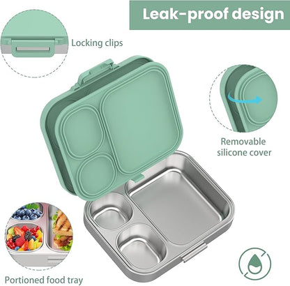 Stainless Steel Bento Lunch Box for Kids | 3-Compartment Lunch Box Container Kids | 100% Leakproof, Eco-Friendly, Perfect Portion Control for Kids&Adult Healthy Meals (Green)