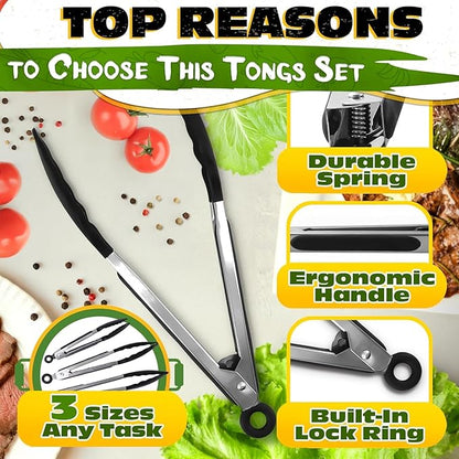 3Pcs Kitchen Tongs with Silicone Tips - Tong Set 7/9/12" | Silicone Tongs for Cooking Heat Resistant, High Temperature, Non Stick, Built-In Lock Ring - Stainless Steel Kitchen Utensils for Cooking