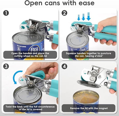 Can Opener Manual, UHIYEE Hand Held Manual Can Openers Heavy Duty with Smoother Cut Sharp Blade, Manual Hand Can Open with Soft Handle, Easy to Turn Knob, Magnetic Lid Lifter, Turquoise