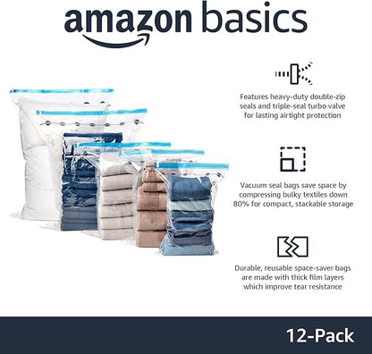Amazon Basics Vacuum Compression Space Saving Storage Bags with Hand Pump for Travel, Multiple Sizes for Clothes and Blankets, Clear, 12 Pack (3 Small, 3 Medium, 3 Large & 3 Jumbo)