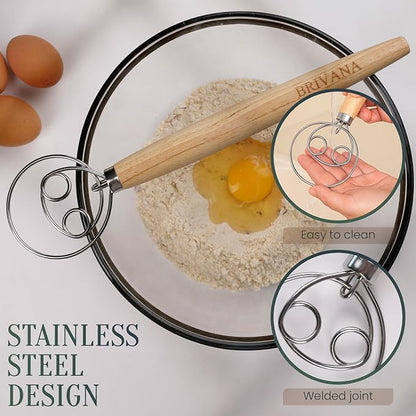 13-Inch Danish Dough Whisk, Wooden Handle with Stainless Steel Double Loop Dough Hook, Dough Whisk for Sourdough, Pizza, Cake Batter
