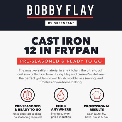 GreenPan x Bobby Flay 12” Cast Iron Pre-Seasoned Skillet with Helper Handle, Professional Grade Heavy Duty, Induction, Pour Spouts, Versatile Stovetop, Oven, BBQ Grill Fire, Indoor/Outdoor Use, Black