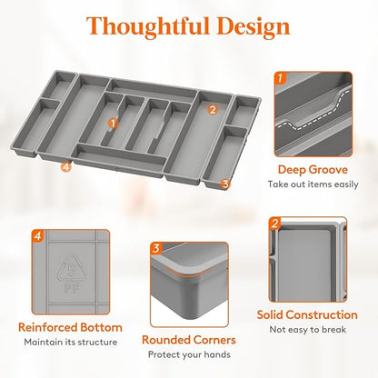 Lifewit Silverware Organizer, Plastic Kitchen Utensil Drawer Tray, Cutlery Flatware Storage Holder for Spoons Forks Knives, 32 x 16 Inches, 12 Compartment, Gray