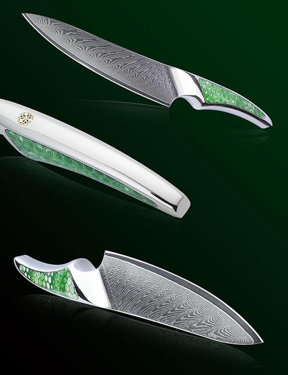 5 inch Utility Knife, Japanese VG-10 Damascus Steel Kitchen Knife, Ultra Sharp Fruit Knife with Full-tang Handle in Green Resin, LA-S9 Series