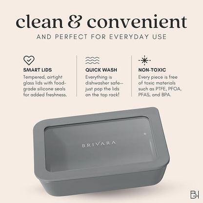Ceramic Coated Glass Food Storage Container | No PTFE, PFOA, PFAS, and BPA | Reusable Non Toxic Meal Prep Container with Glass Lid | Easy To Store | 3 Cup Rectangle [Smoke]