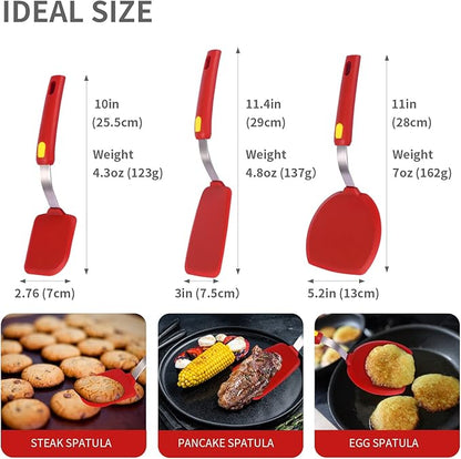 Kitchen Spatulas Silicone Turner Heat Resistant Melt Proof Spatula Set for Nonstick Cookware,Flexible Non Scratch Thin Spatula Wide,Angled and Flipper 3-pack for Frying Eggs,Pancake,Burger,Fish.Red
