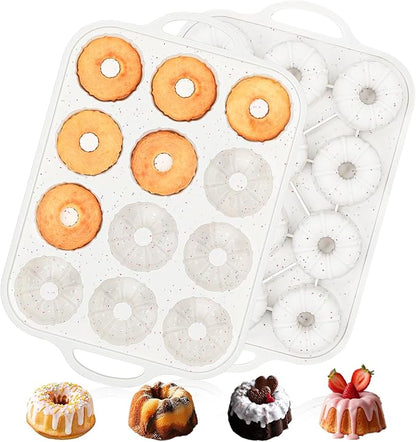Vinino 2 Pcs Silicone Mini Fluted Tube Cake Pans with Metal Reinforced Frame, 12-Cavity Mini Flan Molds, Non-stick Cupcakes Pans for Baking, Donuts, Muffins, Cornbread, Brownies, Jellies