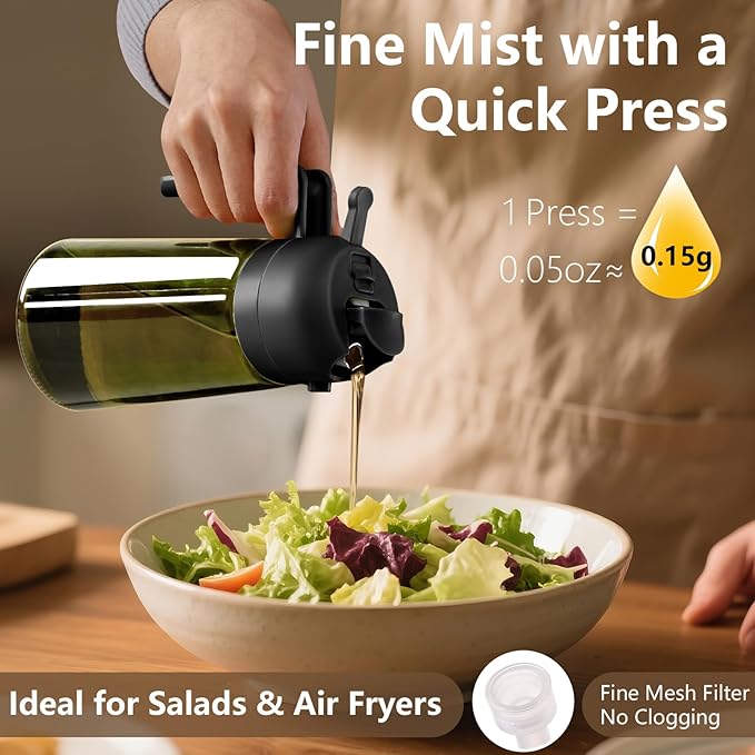 2PCS Olive Oil Dispenser and Oil Sprayer – 16oz/470ml Glass Light-Proof Oil Pourer for Kitchen, Air Fryer, Cooking, Salad, and BBQ