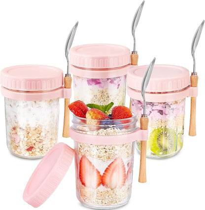 Glass Overnight Oats Containers with Lids and Spoon, 16oz Wide Mouth Mason Jars for Overnight Oats, Cereal, Yogurt, Salad Lunch Container with Measurement Marks - Pink 4 Pack