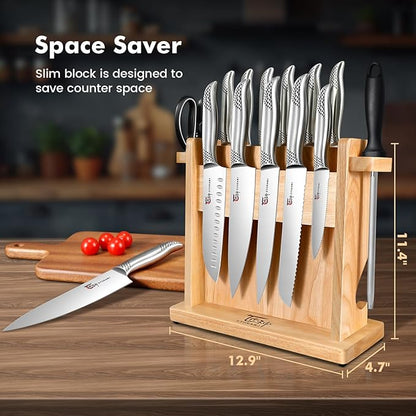Japanese Knives Set for Kitchen, Magnetic Knife Set with Block and Sharpener, Stainless Steel Knife Set as Gift for Couple, Wedding, Women or Mom with Gift Box, 14 PCS Black Dot