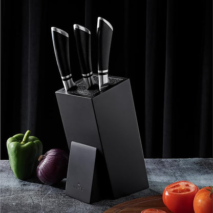 Navaris Knife Block, Black - Universal Knife Storage Solution - Bamboo Kitchen Knives Holder with Bristles - Tilted Storage for Easy Access - Removable Insert for Easy Cleaning