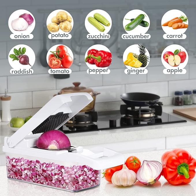 Ourokhome Vegetable Chopper Onion Cutter, 14 in 1 Professional Mandoline Slicer for Kitchen, Multifunctional Food Chopper for Potato, Tomato, Veggie with Strainer Basket, 10 Blades, Black