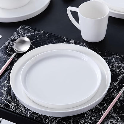 Stone Lain Madeline Bone China 16 Piece Dinnerware, Plates and Bowls Sets for 4, White Dish Collection with Mugs, Modern Edge, Microwave & Dishwasher Safe