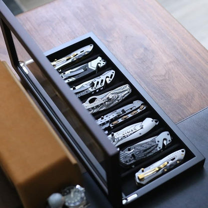 Knife Display Case Organizer storage 8 pocket knives, Folding Knife Holder with Real Glass Window Top， Pocket knife collection box for men gift (Ebony Veneer 8 slot)