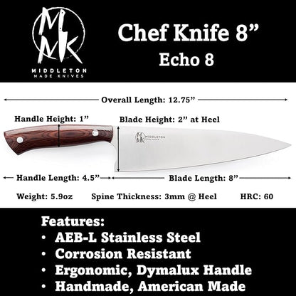 Middleton Made Knives Echo 8 Inch Chef Knife - Handmade Professional Chef Knife - Chefs Knife Made with AEB-L Stainless Steel - USA Made Knife - Great Chef Gifts - Pearl