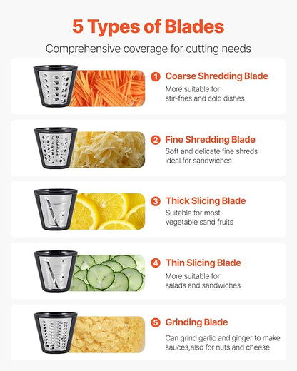 VEVOR Electric Cheese Grater Salad Maker, 200W Salad Shooter, Electric Vegetable Slicer Shredder Chopper for Fruits with 5 Attachments, Stainless Steel Food Cutter for Vegetables, and Cheeses