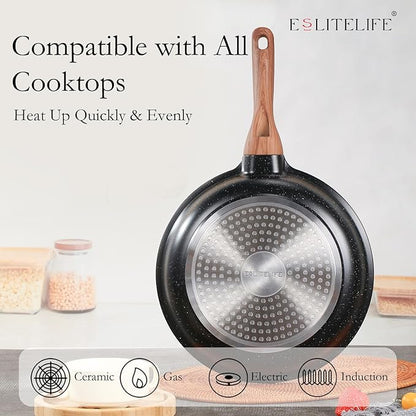 ESLITE LIFE Nonstick Ceramic Frying Pan Skillet, Non-Toxic Egg Omelette Kitchen Cooking Pans Compatible with All Stovetops (Gas, Electric & Induction), PTFE & PFOA Free (Black, 11'')