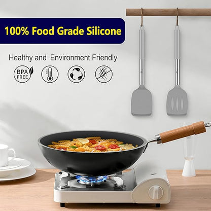 HOTEC Silicone Spatula Set of 2 Heat-Resistant 600°F & BPA-Free Kitchen SaptulaTurner with Stainless Steel Handles, Slotted & Solid Spatulas for Nonstick Cookware, 13.7 Inch, Grey