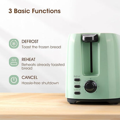 iSiLER 2 Slice Toaster, 1.3 Inches Wide Slot Bagel Toaster with 7 Shade Settings and Double Side Baking, Removable Crumb Tray, Defrost Cancel Function Green
