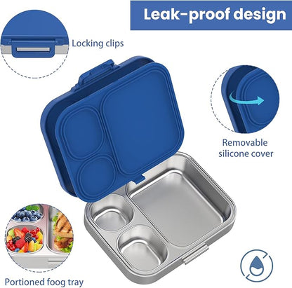 Stainless Steel Bento Lunch Box for Kids | 3-Compartment Lunch Box Container Kids | 100% Leakproof, Eco-Friendly, Perfect Portion Control for Kids&Adult Healthy Meals (Blue)