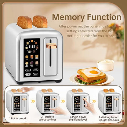 SEEDEEM Toaster 2 Slice, Real Touch Screen with LCD Display, Single-Slice Function, Stainless Steel Toaster, 50% Faster Heating, 1.5" Wide Slots, Removable Crumb Tray, 1350W, Silver Metallic
