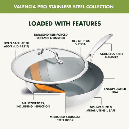 GreenPan Valencia Pro Tri-Ply Stainless Steel 12” Wok with Lid, Ceramic Nonstick PFAS-Free Coating, Multi Clad Cookware, Induction, Dishwasher Safe, Oven and Broiler Safe