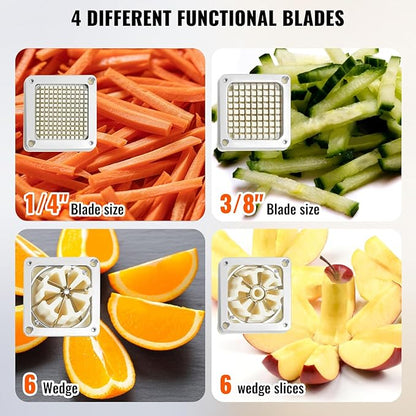 VEVOR Commercial French Fry Cutter with 4 Replacement Blades, 1/4 and 3/8 Blade Easy Dicer Chopper, 6-wedge Slicer and 6-wedge Apple Corer, Lemon Potato Cutter for French Fries with Extended Handle