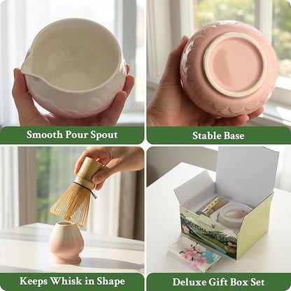 Matcha Whisk Set - Ceramic Matcha Set Includes Matcha Bowl, Whisk and Holder, Bamboo Scoop, Scoop Rest, Sifter and Tea Towel - 7 Pcs Ceremonial Gift Kit for Matcha Lovers (Gradient Pink)