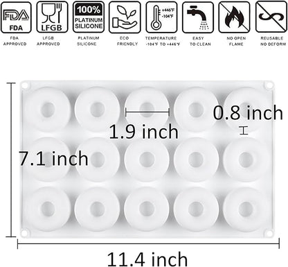 OCPO KITCHEN Doughnut Silicone Molds for Baking Mousse Cake, 3D Silicone Baking Mold for Candy Pastry Chocolate Truffle Cupcake Jelly Cookie Pudding Cake Decoration Mold, Doughnut Shape (15-Cavity)