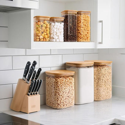 ComSaf 4.6Qt Glass Food Storage Containers, 1.2 Gallon Glass Flour and Sugar Containers with Airtight Lids, Large Square Jars with Bamboo Lids for Rice, Pasta, Oats, Grains, Cookies, Coffee Beans