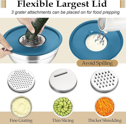 TeamFar Mixing Bowls with Lids Set, 6PCS Stainless Steel Metal Nesting Salad Bowl with 3 Grater Attachments, for Food Baking/Mixing/Serving/Storing, Dark Blue- 4.6/2.6/2 / 1.5/1 / 0.7 QT