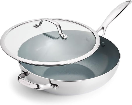 GreenPan Valencia Pro Tri-Ply Stainless Steel 12” Wok with Lid, Ceramic Nonstick PFAS-Free Coating, Multi Clad Cookware, Induction, Dishwasher Safe, Oven and Broiler Safe