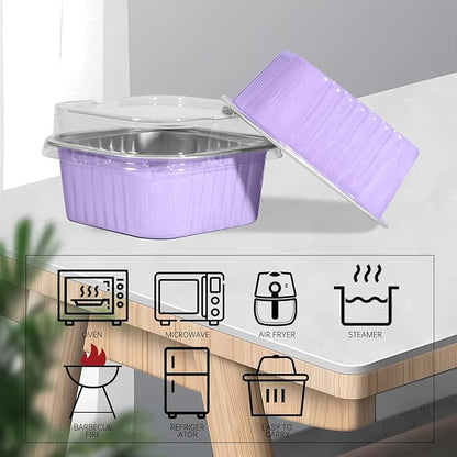 50 Pcs Mini Square Baking Cups with Lids,10oz Aluminum Foil Mini Cake Pans with Lids,Disposable Ramekins Cake Pans,300ml Dessert Cups Cupcake Pans for Wedding Birthday Party,Purple