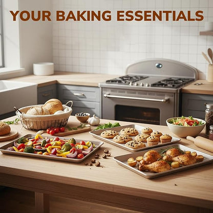 Nonstick Baking Sheet Pan Set of 3, Heavy Duty Cookie Sheets for Oven, 0.6mm Thick Quarter Size & Half Size & Jelly Roll Pan, Rustproof & Easy Clean with Textured Surface(Champagne Gold)