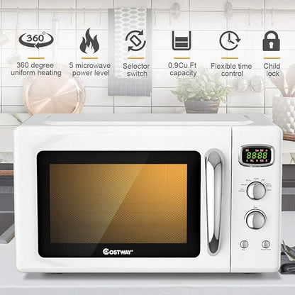 COSTWAY Retro Countertop Microwave Oven, 0.9Cu.ft, 900W Microwave Oven, with 5 Micro Power, Defrost & Auto Cooking Function, LED Display, Glass Turntable Viewing Window, Child Lock, ETL