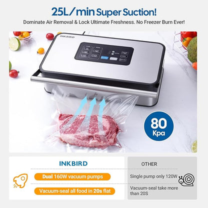 INKBIRD Vacuum Sealer Machine with 160W Double Pump, Full Automoatic Pro Vacuum Sealer for Food Preservation with Liquid/Moist/Dry Food, Food Sealer with Removable Drip Tray, Roll Storage and Cutter