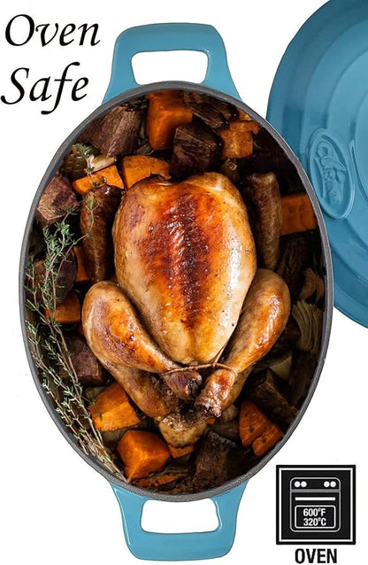 La Cuisine Enameled Cast Iron Oval Dutch Oven Casserole Pot with Lid 5 QT Internal Matte Black Enamel for bread baking, 2-ton Teal Enamel Coating Finish Exterior,Oven Safe up to 500° F
