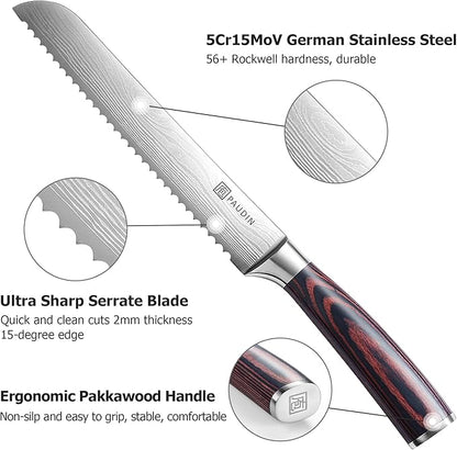 PAUDIN Bread Knife 8", Ultra Sharp Knife Wave Edge - Forged Premium German HC Stainless Steel, Serrated Bread Knife for Homemade Bread and Sourdough Bread, Pakkawood Handle