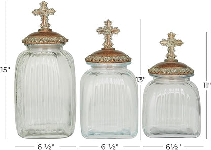 Deco 79 Glass Round Decorative Jars, Set of 3 15", 13", 11" H, Clear