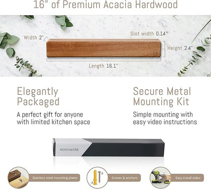 Premium 16 inch Magnetic Knife Holder for Wall with 2x Storage & Charming Wood - Knife Magnetic Strip, Under Cabinet Magnet Knives Storage - Magnet Strip Rack Kitchen Utensil Holder Organizer Tool