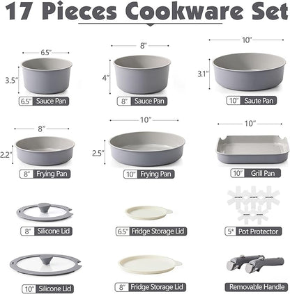 SENSARTE 17 Piece Ceramic Pots and Pans Set, Nonstick Detachable Handle Cookware, Induction Kitchen Cookware Set with Removable Handle, Dishwasher ＆ Oven Safe (Gray)
