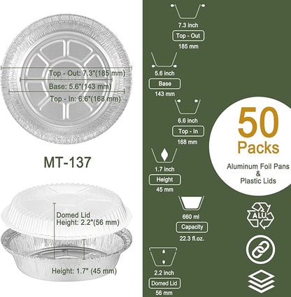 7" Aluminum Foil Pans with Clear Lids 50 Pack,Heavy Duty Disposable Containers for Roasting,Storing,Baking,Cooking,Recyclable