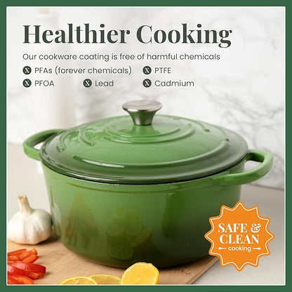 Larder & Vine Enameled Cast Iron 5.7qt Dutch Oven Pot with Lid | Bread Baking | Compatible on All Cooktops & Oven Safe to 500° F | Great for Sourdough Bread | Okra