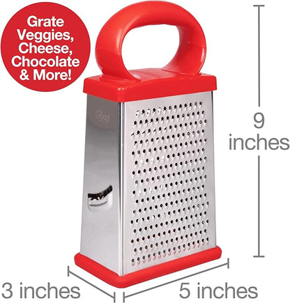 Box Cheese 4-Sided Grater w 2 Attachable Storage Containers w Lids- Mess-Free Shredder & Slicing - Stainless Steel, Soft Grip Handle, Non-Slip Base, Built-In Measurements- Thanksgiving Kitchen Gadget