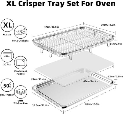 Air Fryer Basket for Oven, Extra Large 18.8" x 12.8" Oven Air Fryer Basket and Tray Set with 30 PCS Parchment Papers, Stainless Steel Air Fryer Pan and Crisper Tray (Silver)