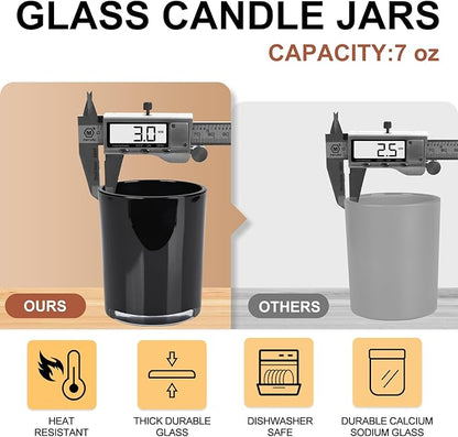 Thick Candle Jars for Making Candles 12 Pcs, 7 OZ Empty Jars with Wood Lids for Candle Making, Sample Container, Black