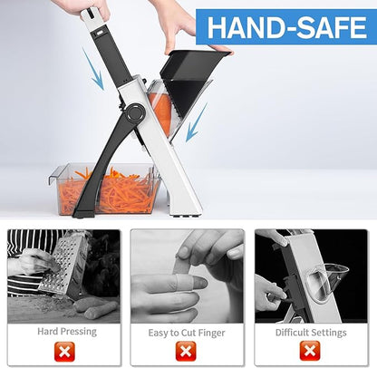 (All-in-1) Upgraded Version Mandoline Slicer for Kitchen & Adjustable Mandolin. Detachable Blade, Kitchen Veggie Chopper Cut Slicing, Strips, Shredding, Dicing, Chop (Black White)
