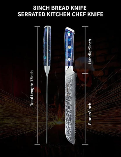 8” Bread Knife Serrated Kitchen Chef Knife- Damascus Steel & Resin Handle - Xuan Series (Sapphire Blue)