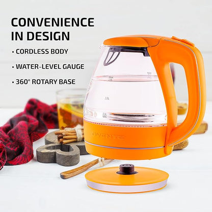 OVENTE Electric Kettle, 1.5L Borosilicate Glass Countertop Water Heater and Boiler for Coffee or Tea, BPA-Free, Auto Shut-Off, Boil-Dry Protection, Removable and Washable Spout Filter, Orange KG83O