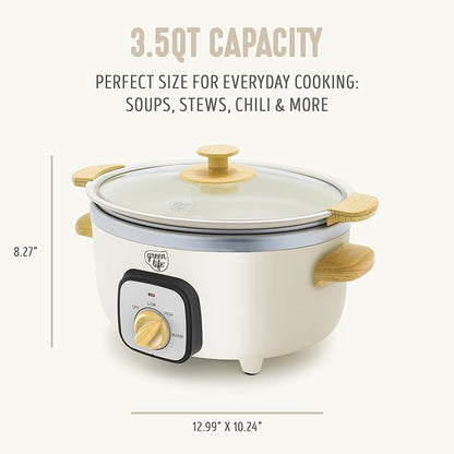 GreenLife 3.5QT Slow Cooker, Non-Toxic PFAS-Free Ceramic Nonstick Removable Interior Bowl, Programmable, Keep Warm, Stovetop & Oven Safe, Dishwasher Safe Parts, Glass Lid, Cream